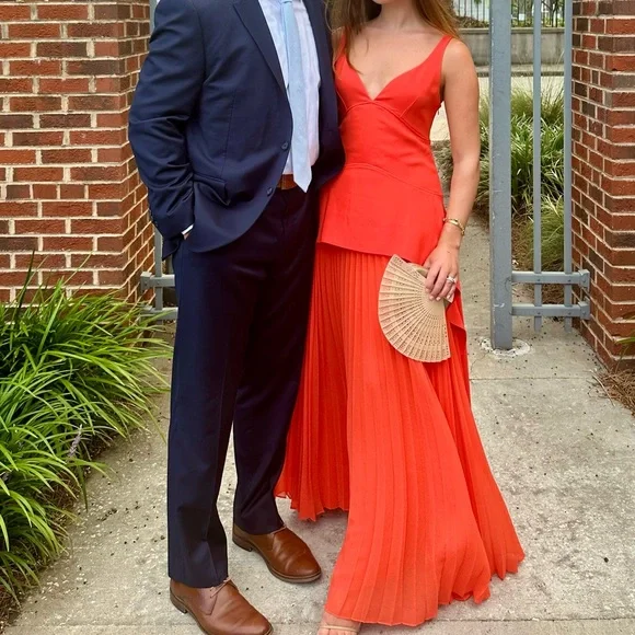 Simkhai Sequoia Pleated Combo Sleeveless V-Neck Midi Dress in Flame Orange - Picture 1 of 5